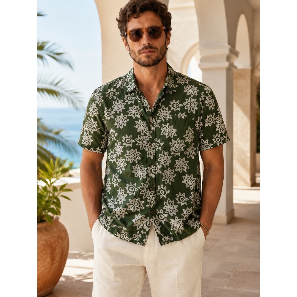 Orvis Batik Print Shirt Mens Large Green White Cotton Short Sleeve Button Down